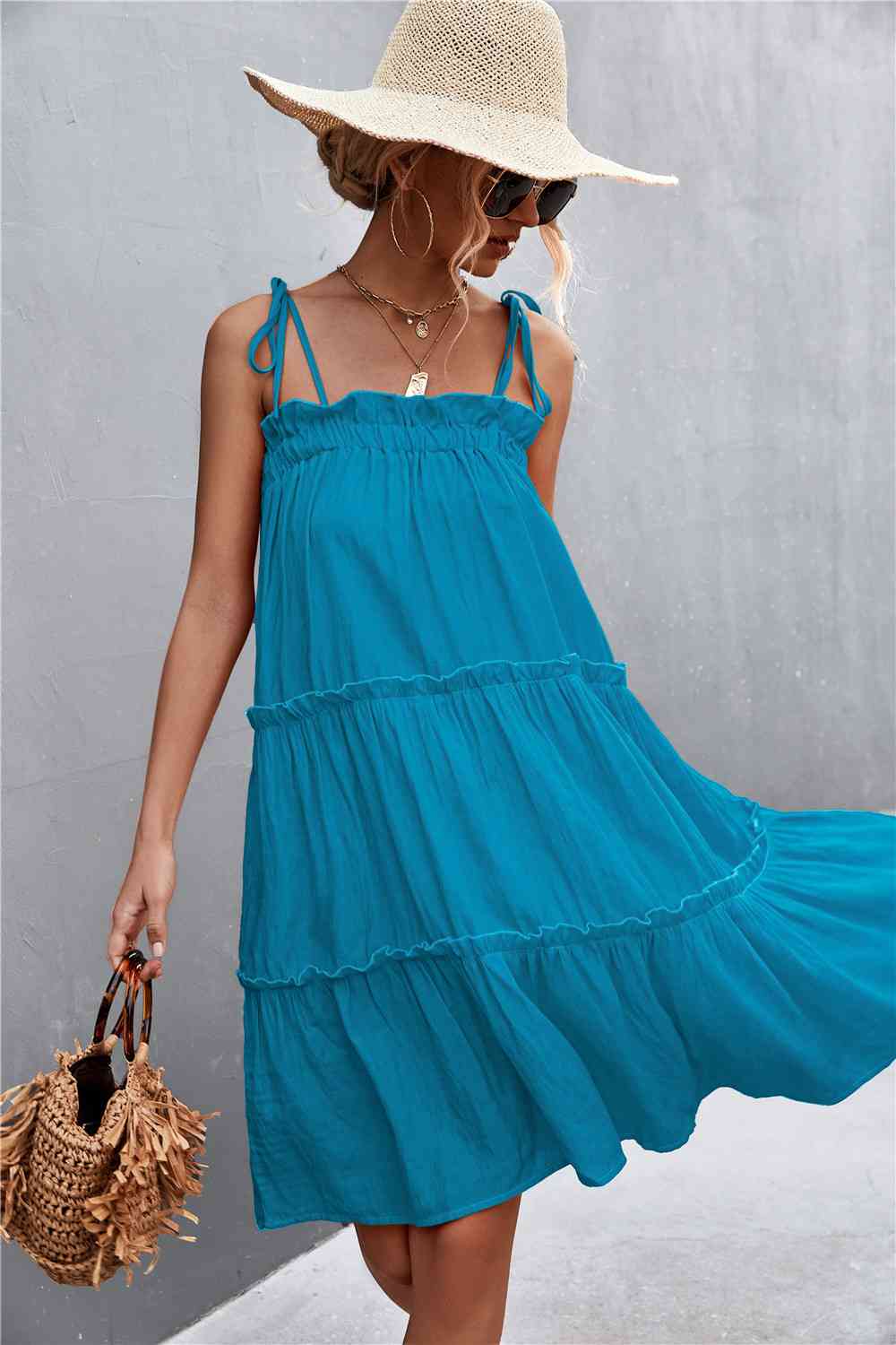 Tie-Shoulder Frill Trim Sleeveless Dress - Deals DejaVu