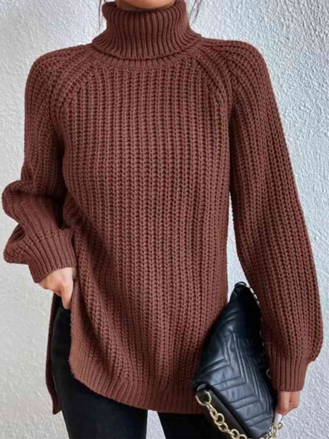 Full Size Turtleneck Rib-Knit Slit Sweater - Deals DejaVu