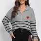Striped Zip-Up Long Sleeve Ribbed Sweater
