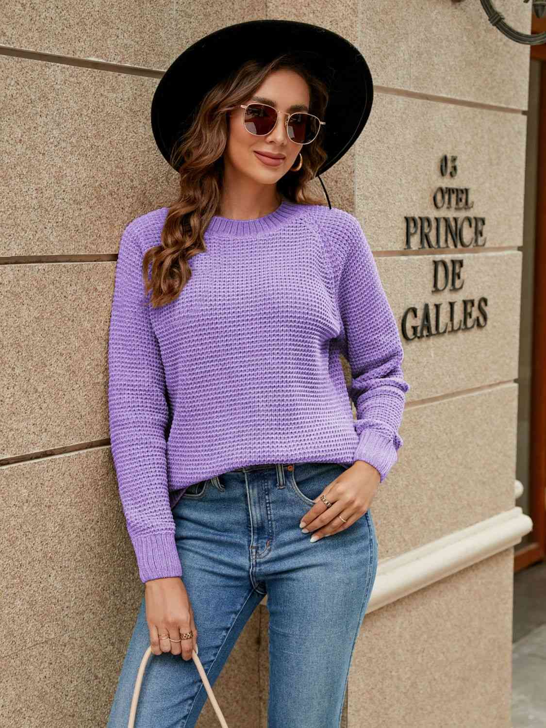 Round Neck Raglan Sleeve Sweater - Deals DejaVu