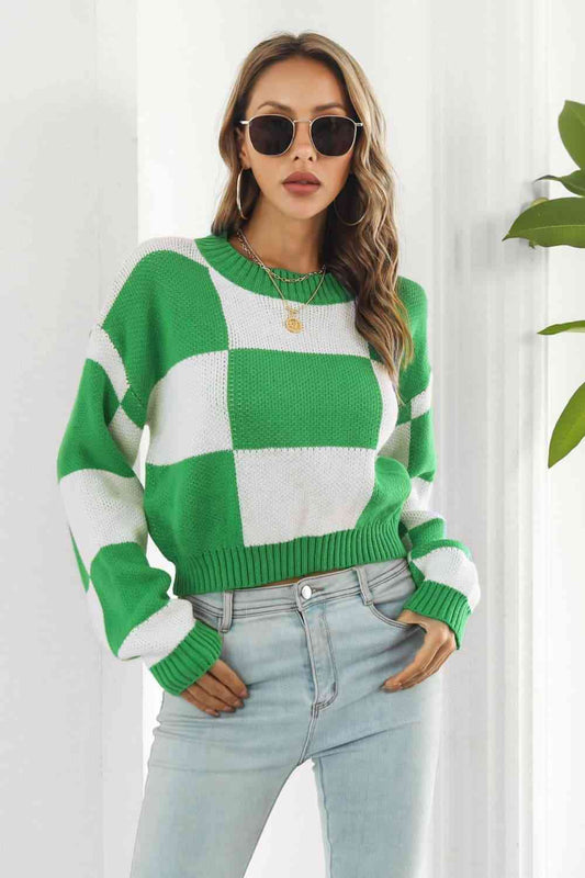 Color Block Round Neck Dropped Shoulder Sweater - Deals DejaVu