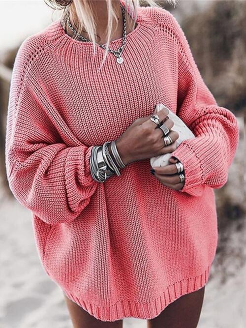 Round Neck Drop Shoulder Sweater - Deals DejaVu