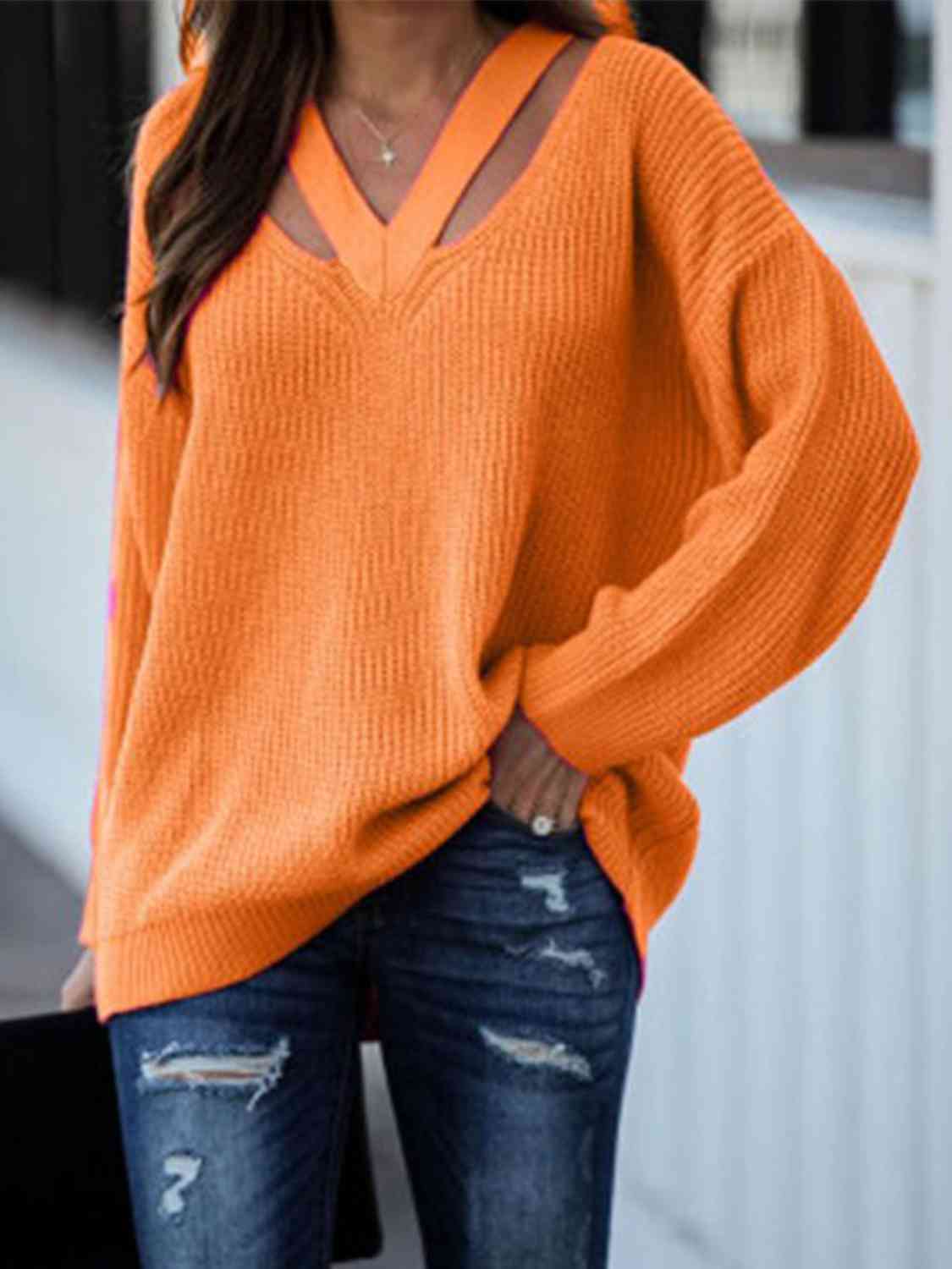 Full Size Cutout V-Neck Rib-Knit Sweater - Deals DejaVu