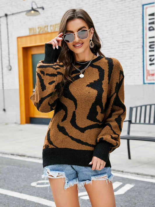 Printed Round Neck Long Sleeve Sweater - Deals DejaVu