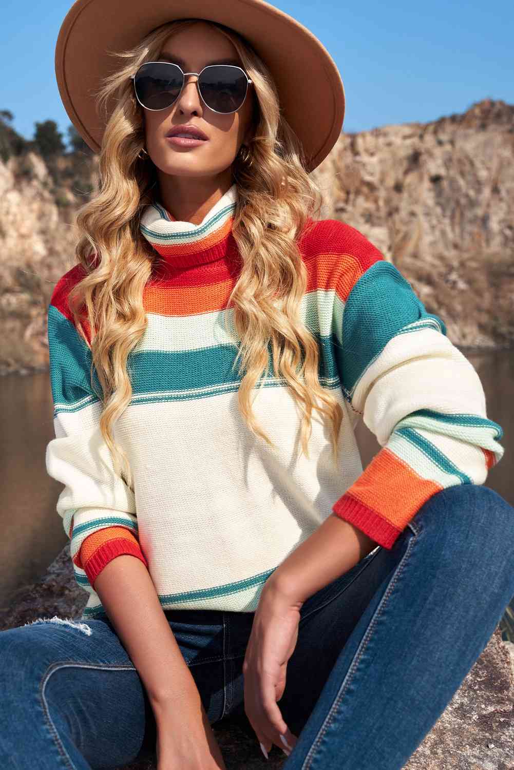 Woven Right Striped Turtleneck Drop Shoulder Sweater - Deals DejaVu