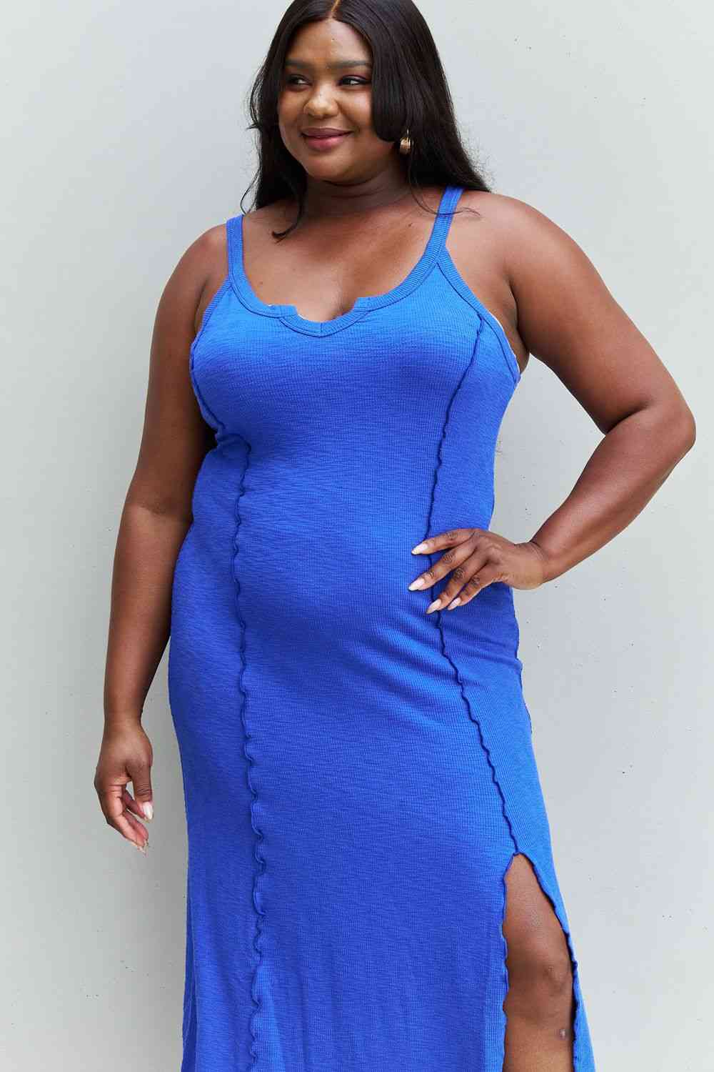 Culture Code Look At Me Full Size Notch Neck Maxi Dress with Slit in Cobalt Blue (BWMT) T - Deals DejaVu