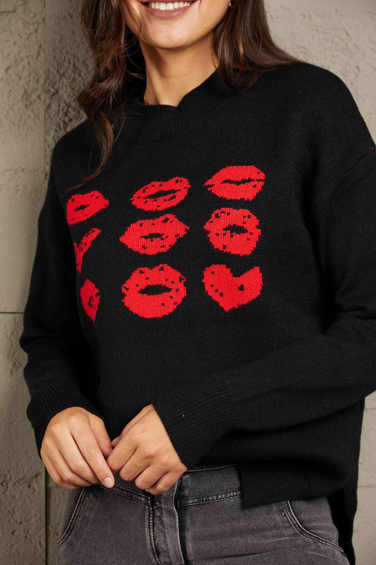 Woven Right Lip Graphic Slit Dropped Shoulder Sweater - Deals DejaVu