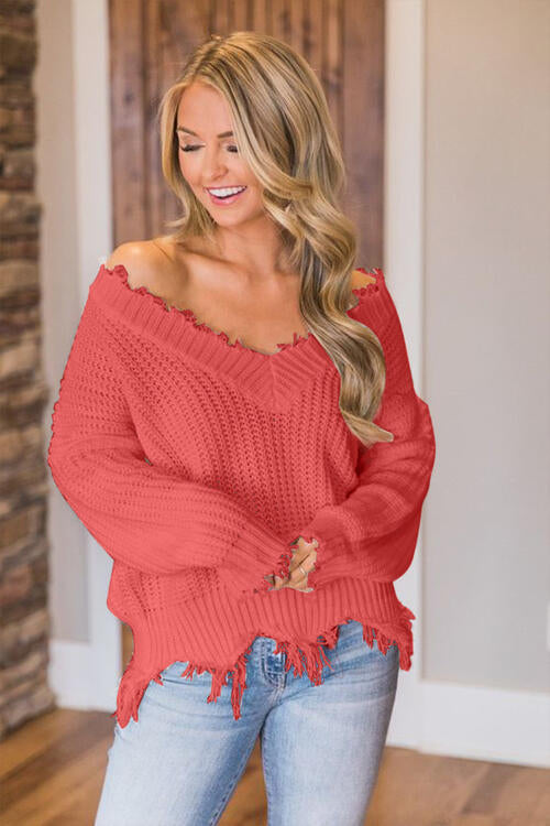 Frayed Hem Dropped Shoulder Sweater - Deals DejaVu