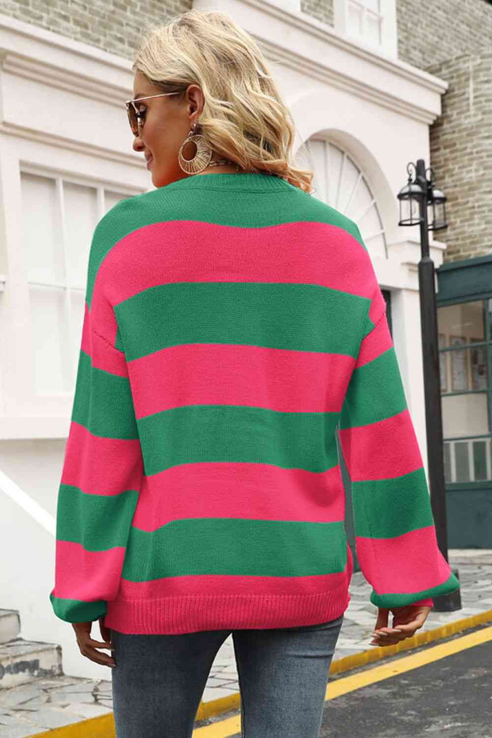 Striped Balloon Sleeve Knit Pullover - Deals DejaVu