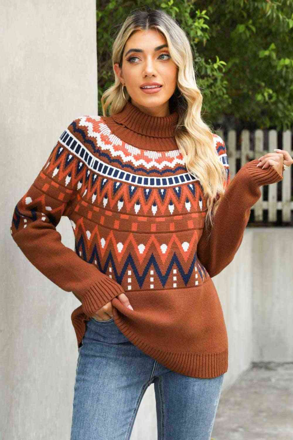 Woven Right Chevron Turtleneck Ribbed Trim Sweater - Deals DejaVu