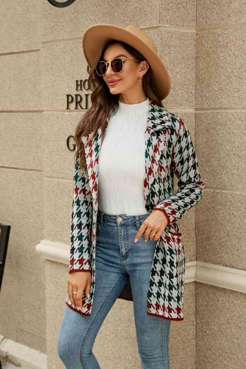 Double Take Printed Open Front Lapel Collar Cardigan with Pockets - Deals DejaVu