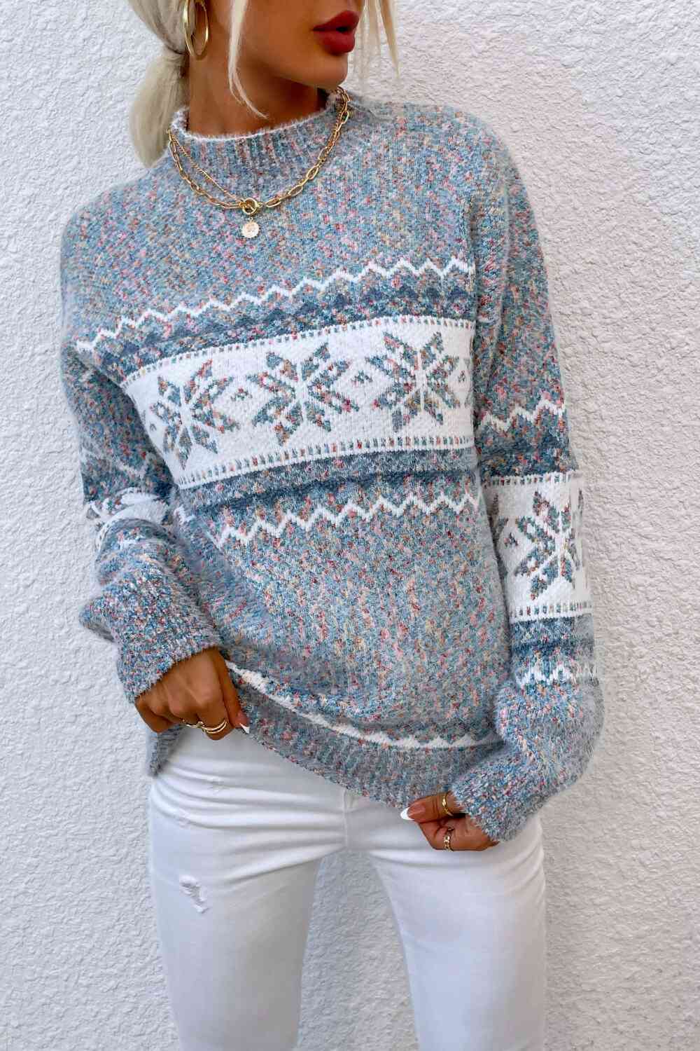 Snowflake Pattern Mock Neck Sweater - Deals DejaVu