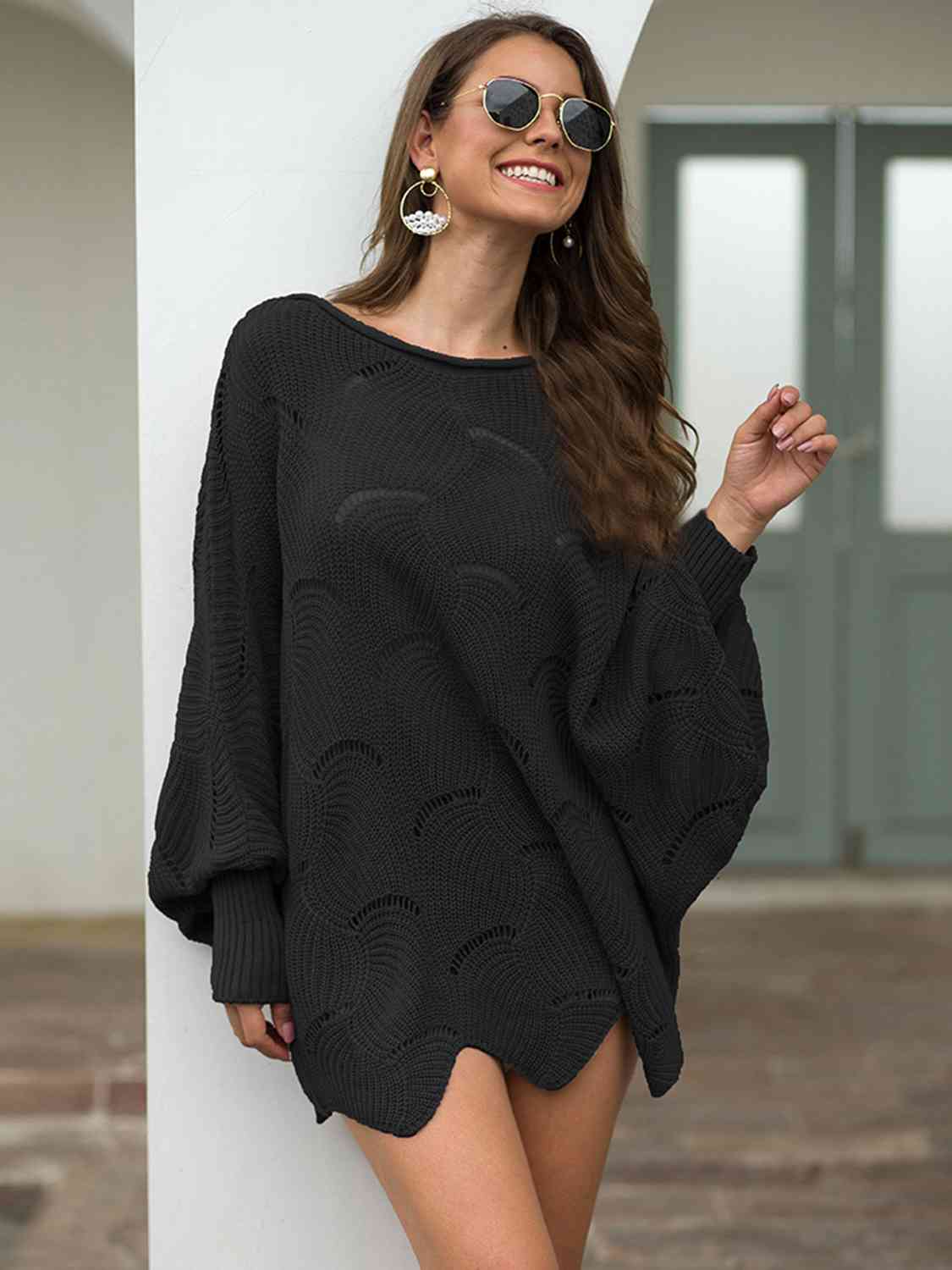 Full Size Boat Neck Lantern Sleeve Openwork Knit Top - Deals DejaVu