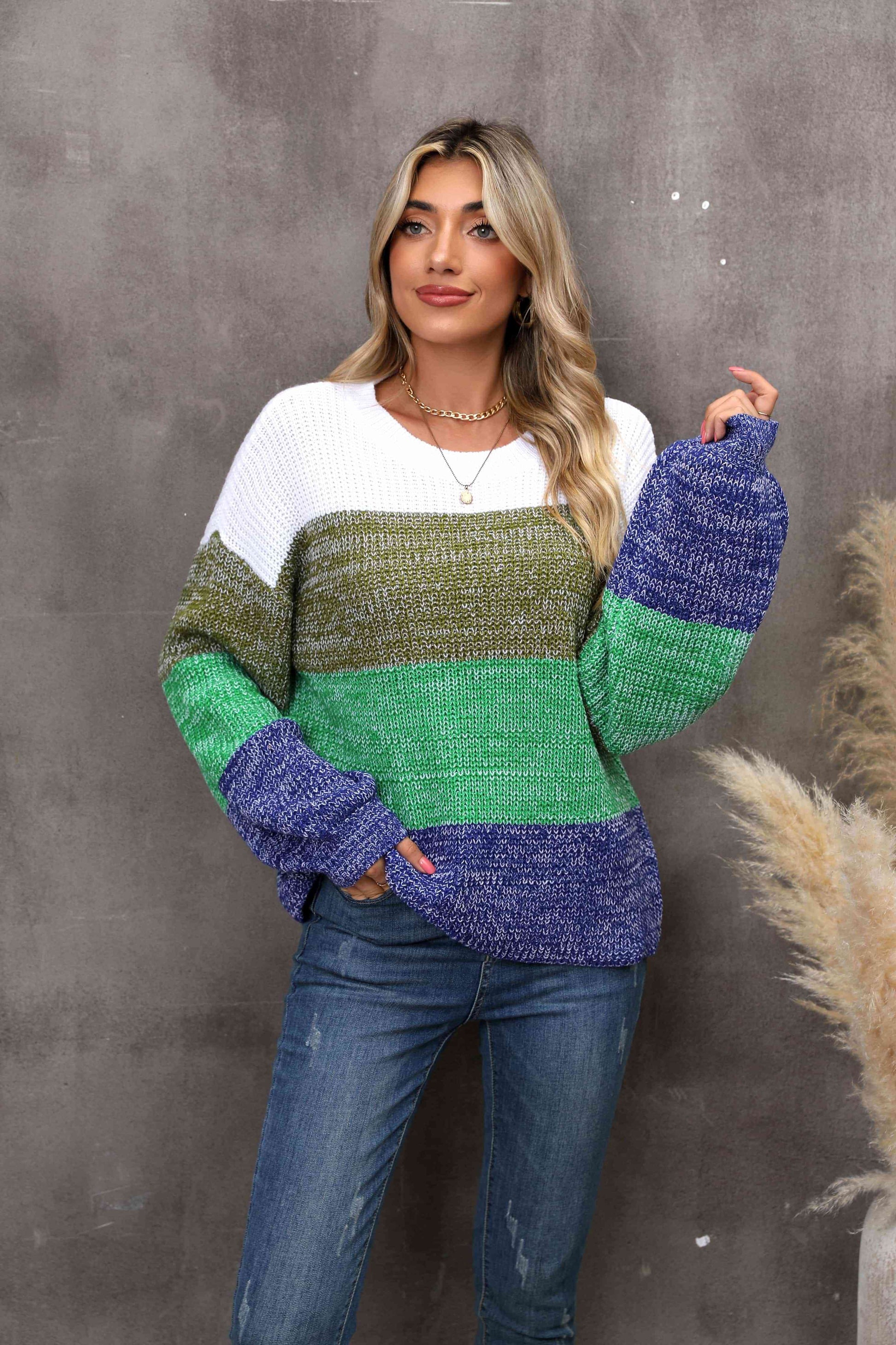 Color Block Round Neck Dropped Shoulder Sweater - Deals DejaVu