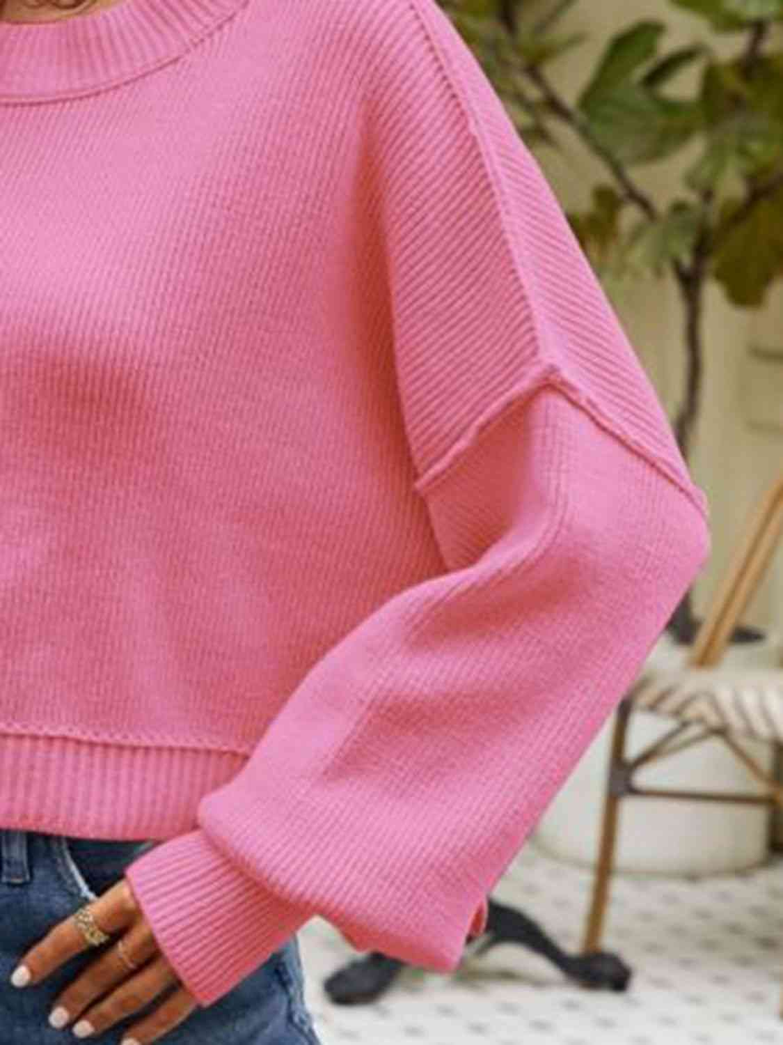 Round Neck Dropped Shoulder Sweater - Deals DejaVu