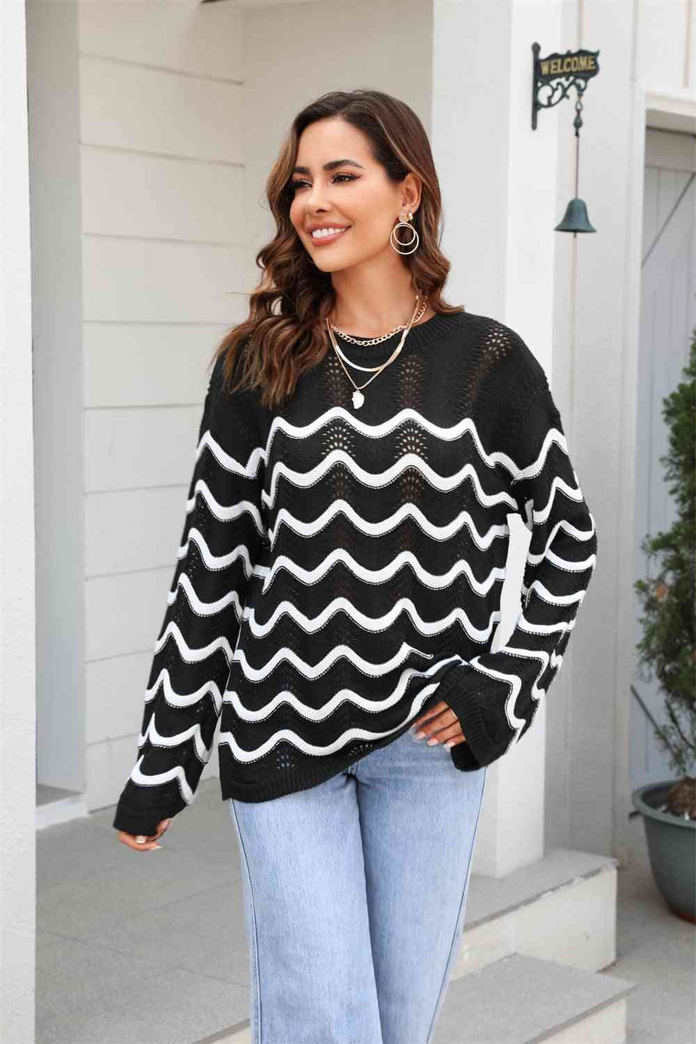 Wave Pattern Round Neck Long Sleeve Sweater - Deals DejaVu