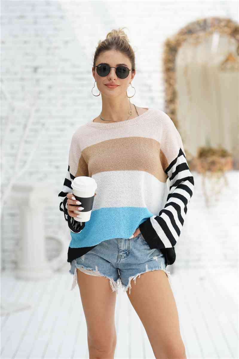 Striped Ribbed Trim Bell Sleeve Sweater - Deals DejaVu