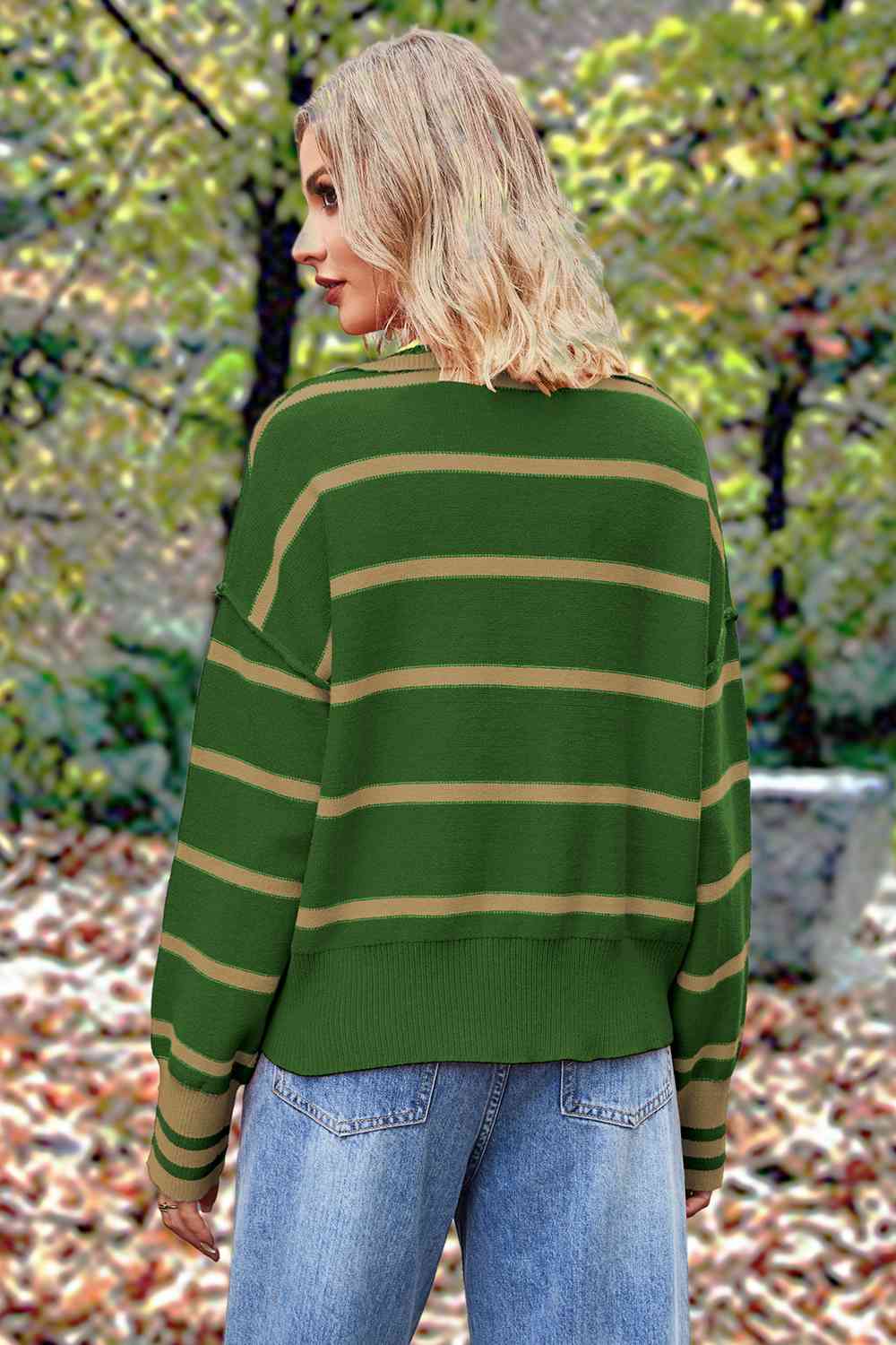 Striped Collared Long Sleeve Sweater - Deals DejaVu