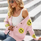 Smiley Face Ribbed Trim V-Neck Cardigan