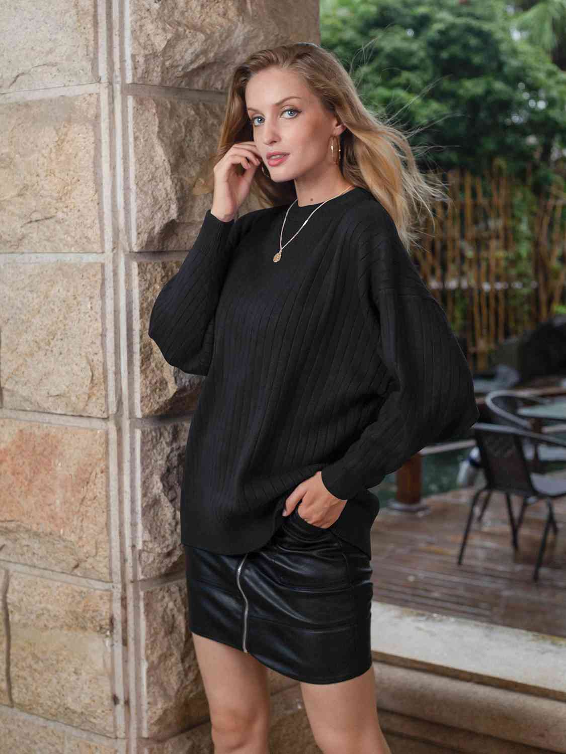 Round Neck Dropped Shoulder Sweater - Deals DejaVu