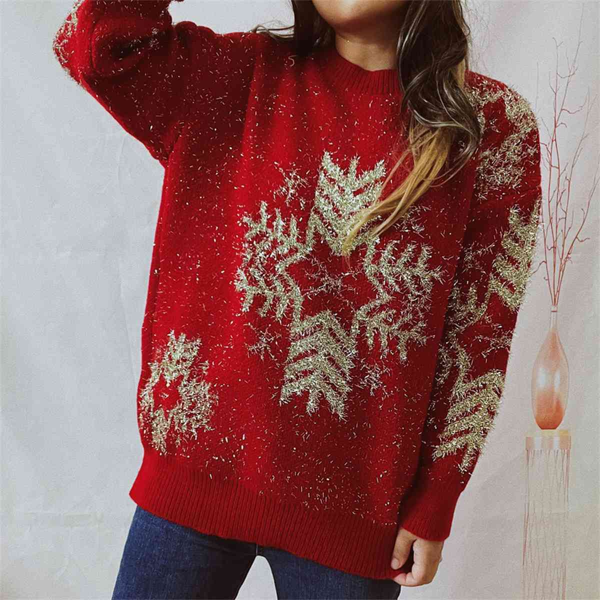 Snowflake Pattern Long Sleeve Sweater - Deals DejaVu