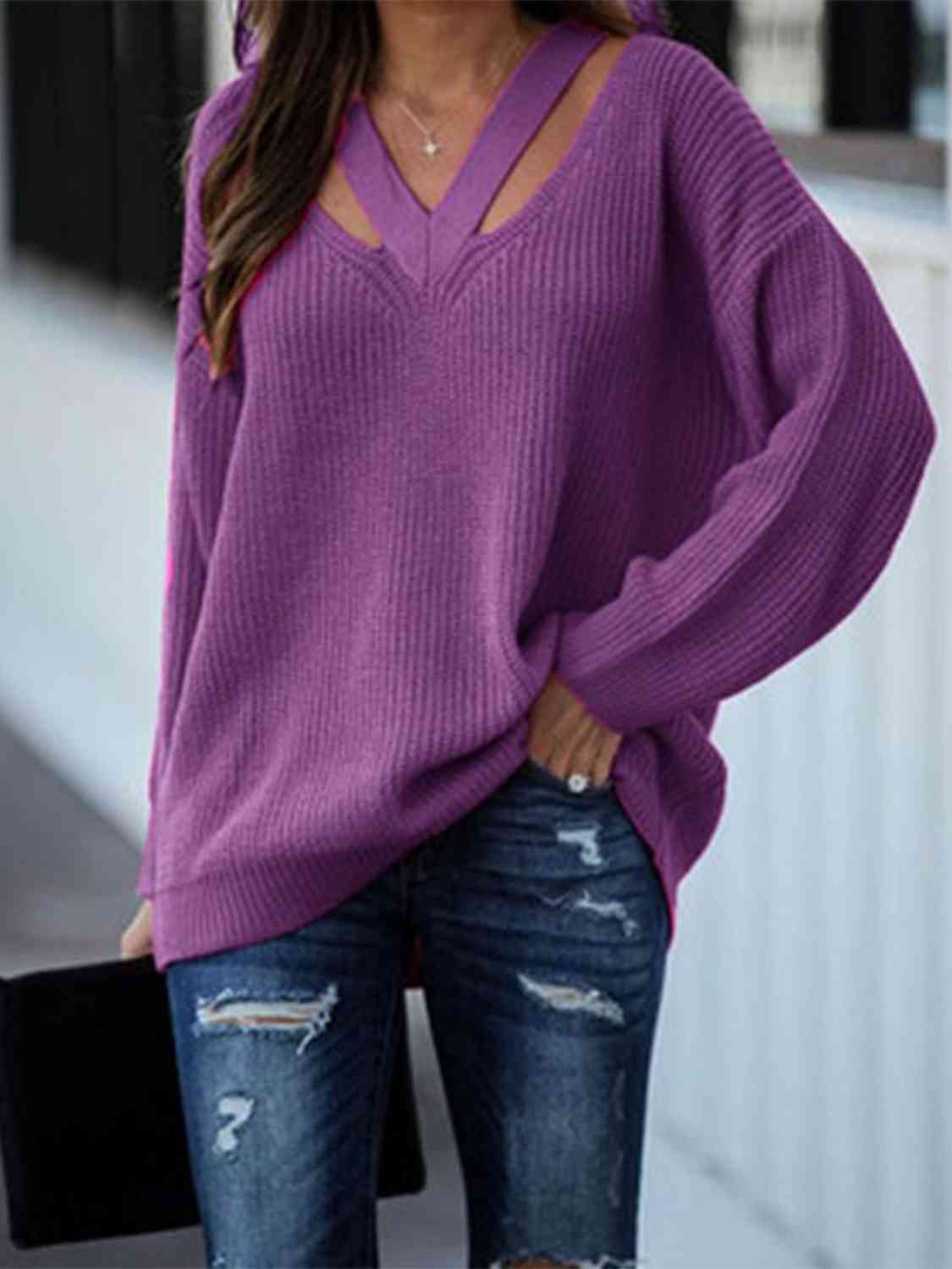 Full Size Cutout V-Neck Rib-Knit Sweater - Deals DejaVu