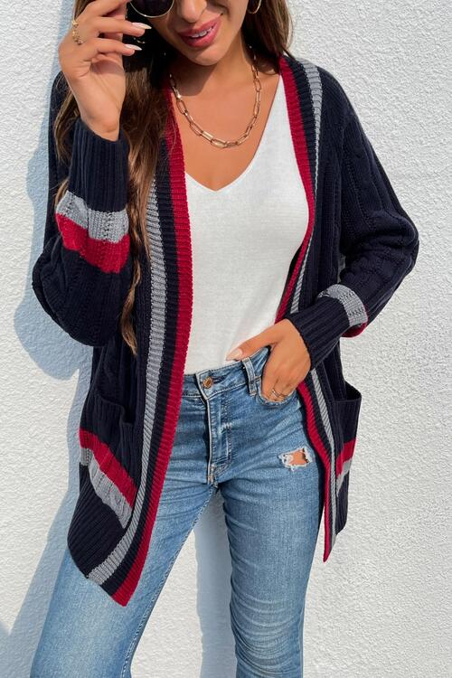 Open Front Striped Long Sleeve Cardigan - Deals DejaVu