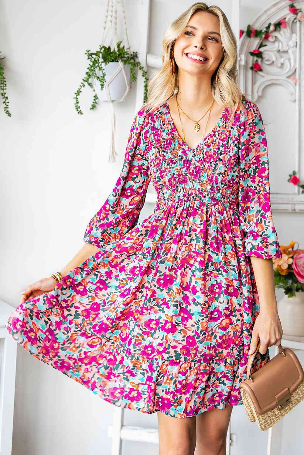 Floral Smocked V-Neck Flounce Sleeve Dress (MWBT) T - Deals DejaVu