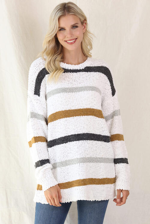 Striped Round Neck Long Sleeve Sweater - Deals DejaVu