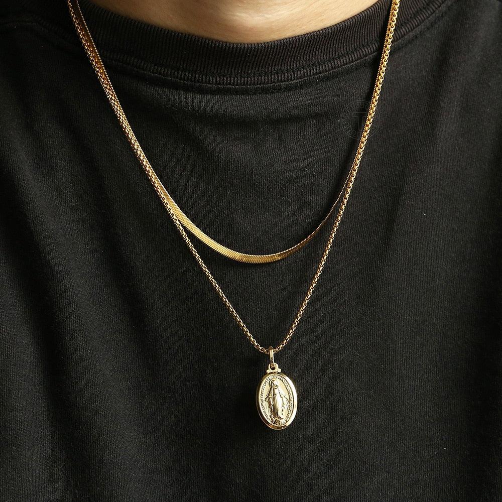 2mm Oval Virgin Mary Pendant Necklace - Men Women Jewelry Trendy Gold Color (2U83)