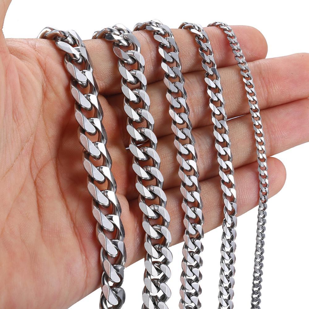 3-11mm Men's Curb Chain Necklace - Silver Color Stainless Steel Curb - Punk Classic Jewelry (2U83)
