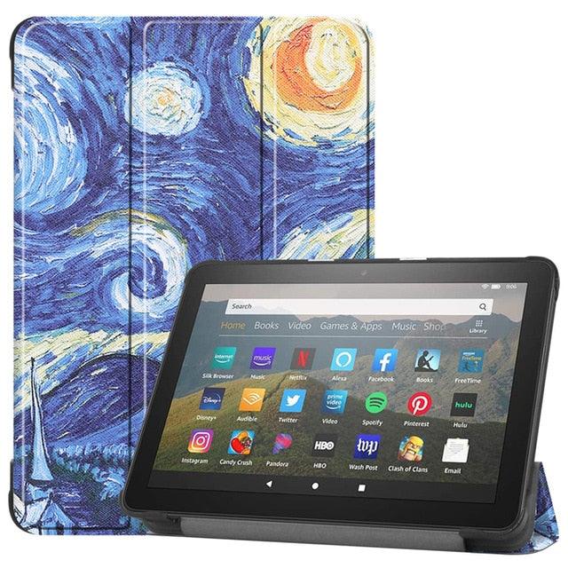 3 Fold Leather Stand Shell For Amazon Fire HD 8 Plus 2020 Cover For New Kindle Fire HD 8 2020 Case & Tempered Glass Film (D47)(TLC3)(TLC4)