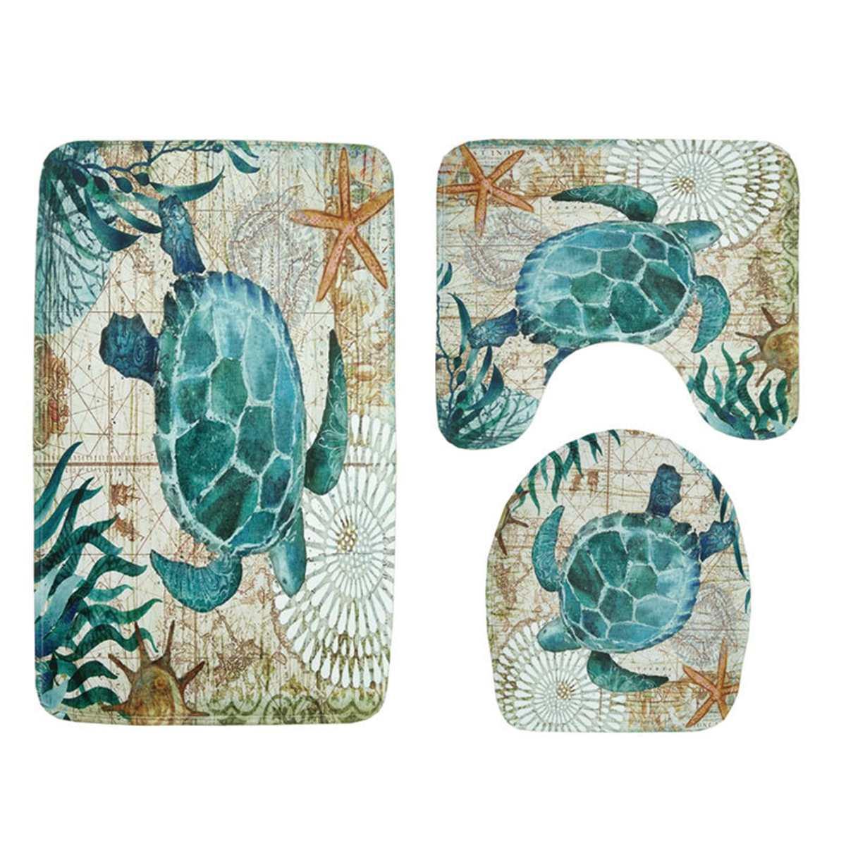 3 Pieces Set Toilet Seat Cover WC Set Sea Turtle Printed Bathroom Mat Washable Rug for WashingRoom (D68)(RU4)(1U68)
