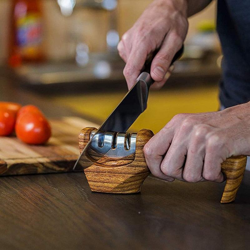 3 Stages Knife Sharpener - Removable Knife Stainless Steel Sharpener Professional Wooden Kitchen Sharpening (AK5)(F61)
