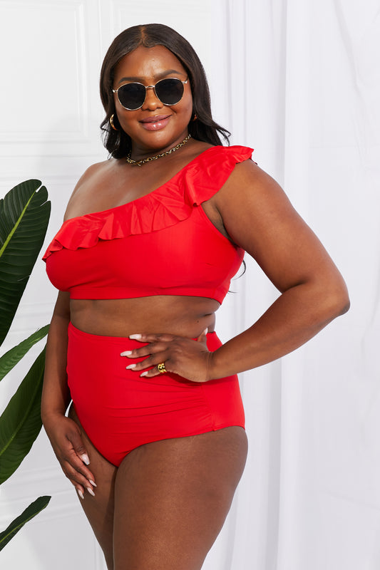 Marina West Swim Seaside Romance Ruffle One-Shoulder Bikini in Red (TB9D) T - Deals DejaVu
