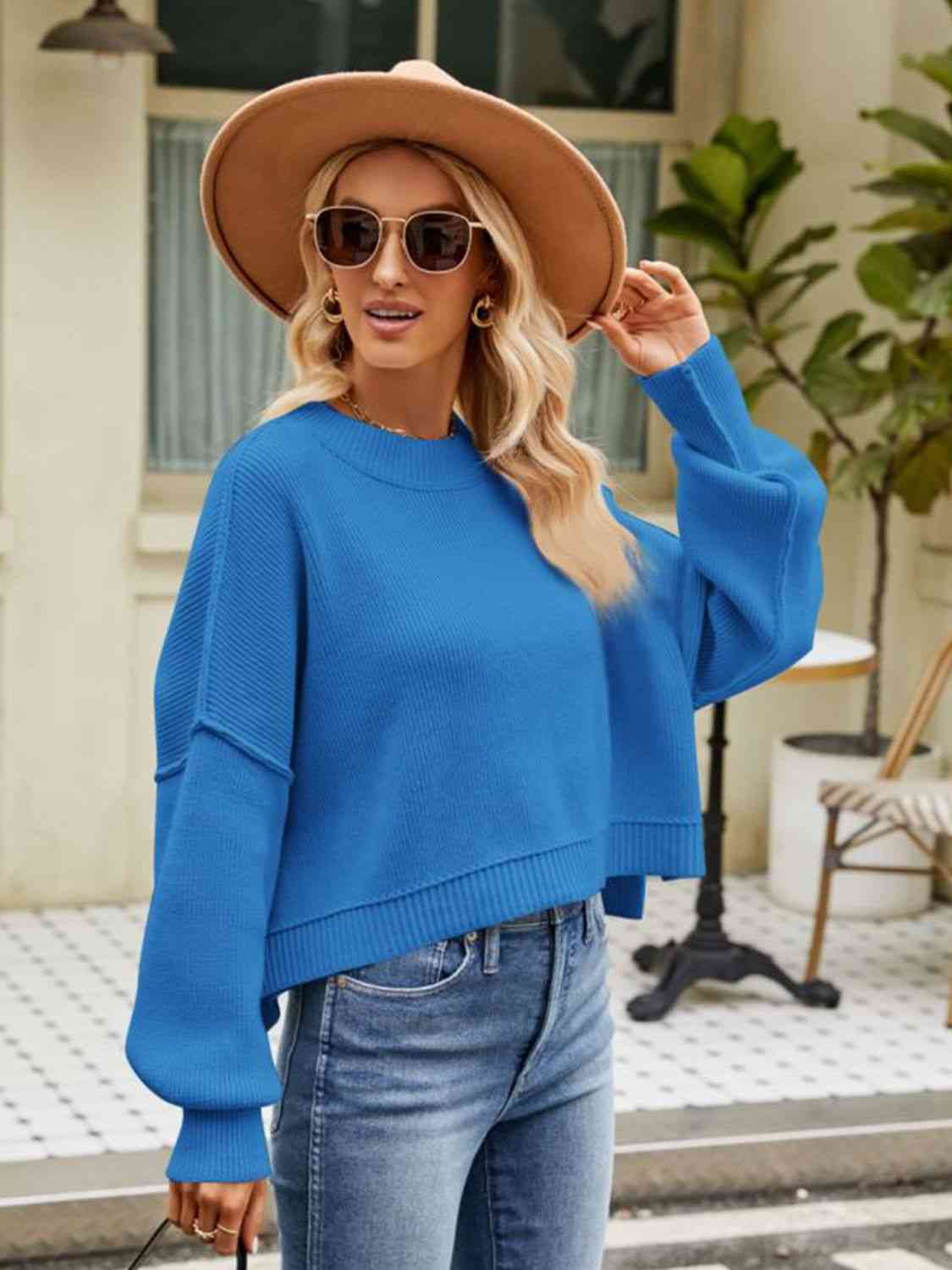 Round Neck Dropped Shoulder Sweater - Deals DejaVu