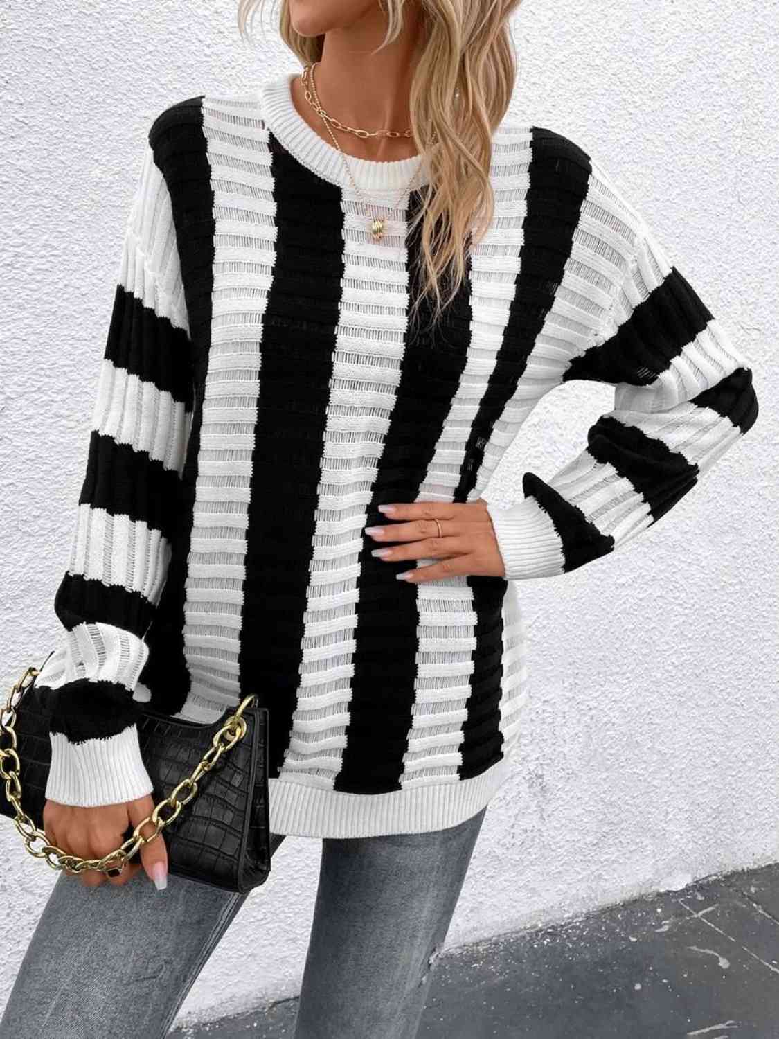 Striped Round Neck Long Sleeve Knit Top - Deals DejaVu