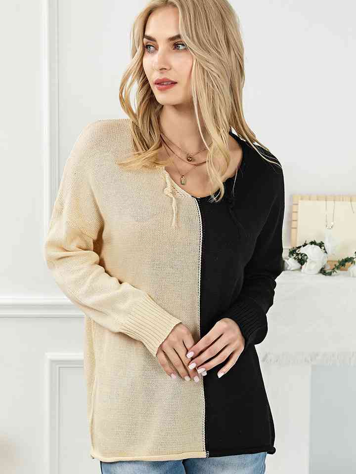 Two-Tone V-Neck Long Sleeve Knit Top - Deals DejaVu