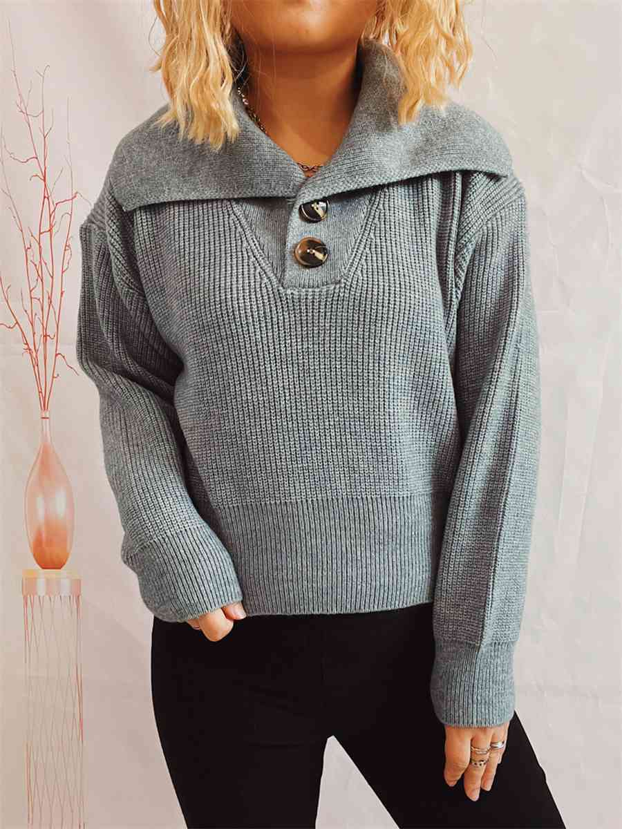 Statement Collar Half Button Sweater - Deals DejaVu