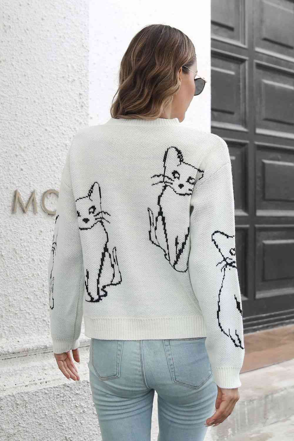 Cat Pattern Round Neck Long Sleeve Pullover Sweater - Deals DejaVu