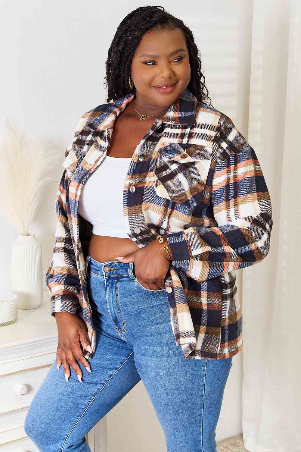 Double Take Plaid Button Front Shirt Jacket with Breast Pockets (BFD) T - Deals DejaVu