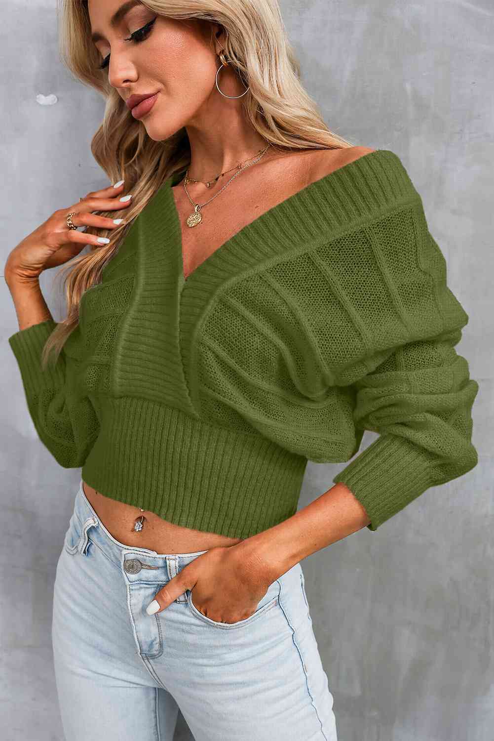 Surplice Neck Lace-Up Sweater - Deals DejaVu