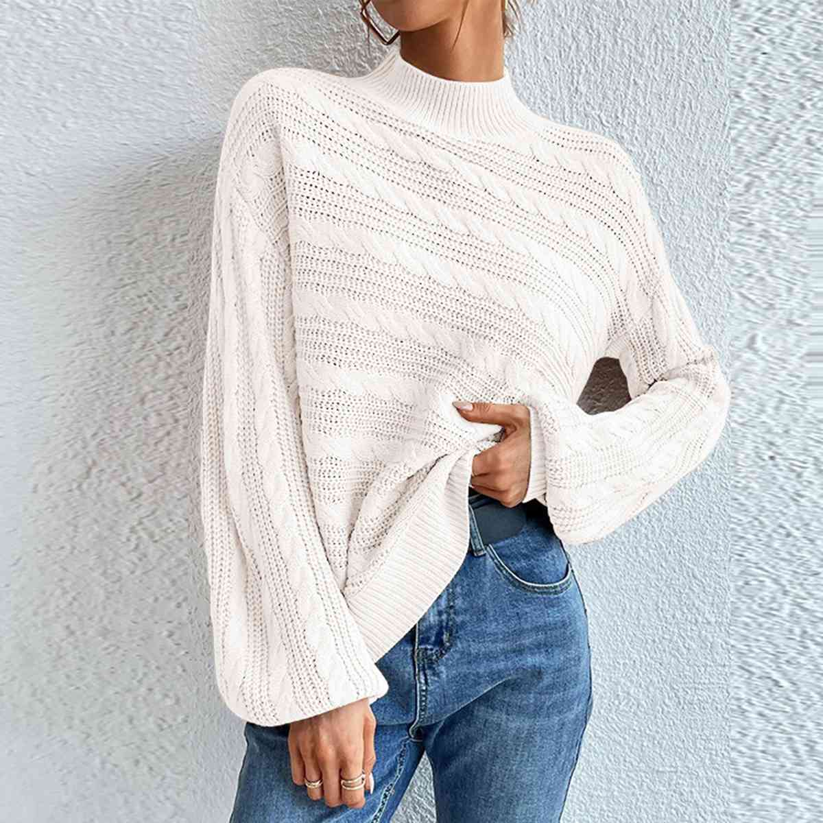 Cable-Knit Mock Neck Long Sleeve Sweater - Deals DejaVu