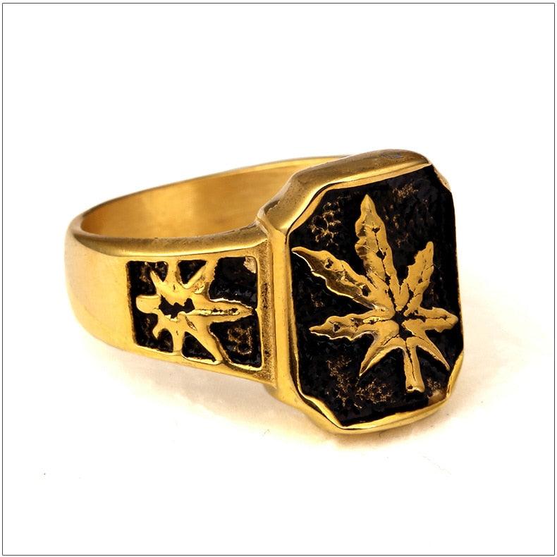 316L Stainless Steel Hot Vintage Yellow Gold Color Herb Men's Hiphop Ring (MJ1)(F83)