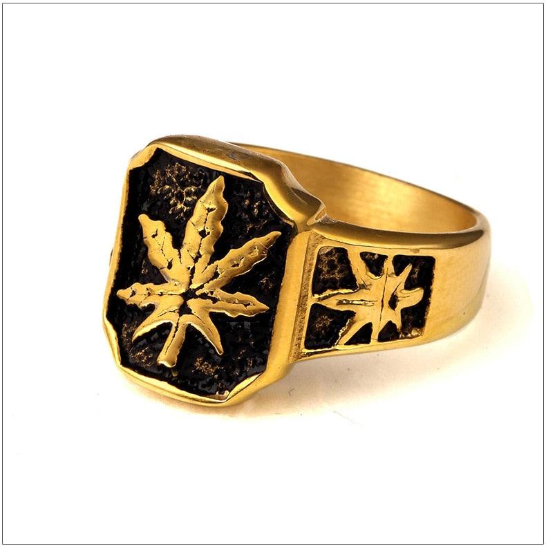 316L Stainless Steel Hot Vintage Yellow Gold Color Herb Men's Hiphop Ring (MJ1)(F83)