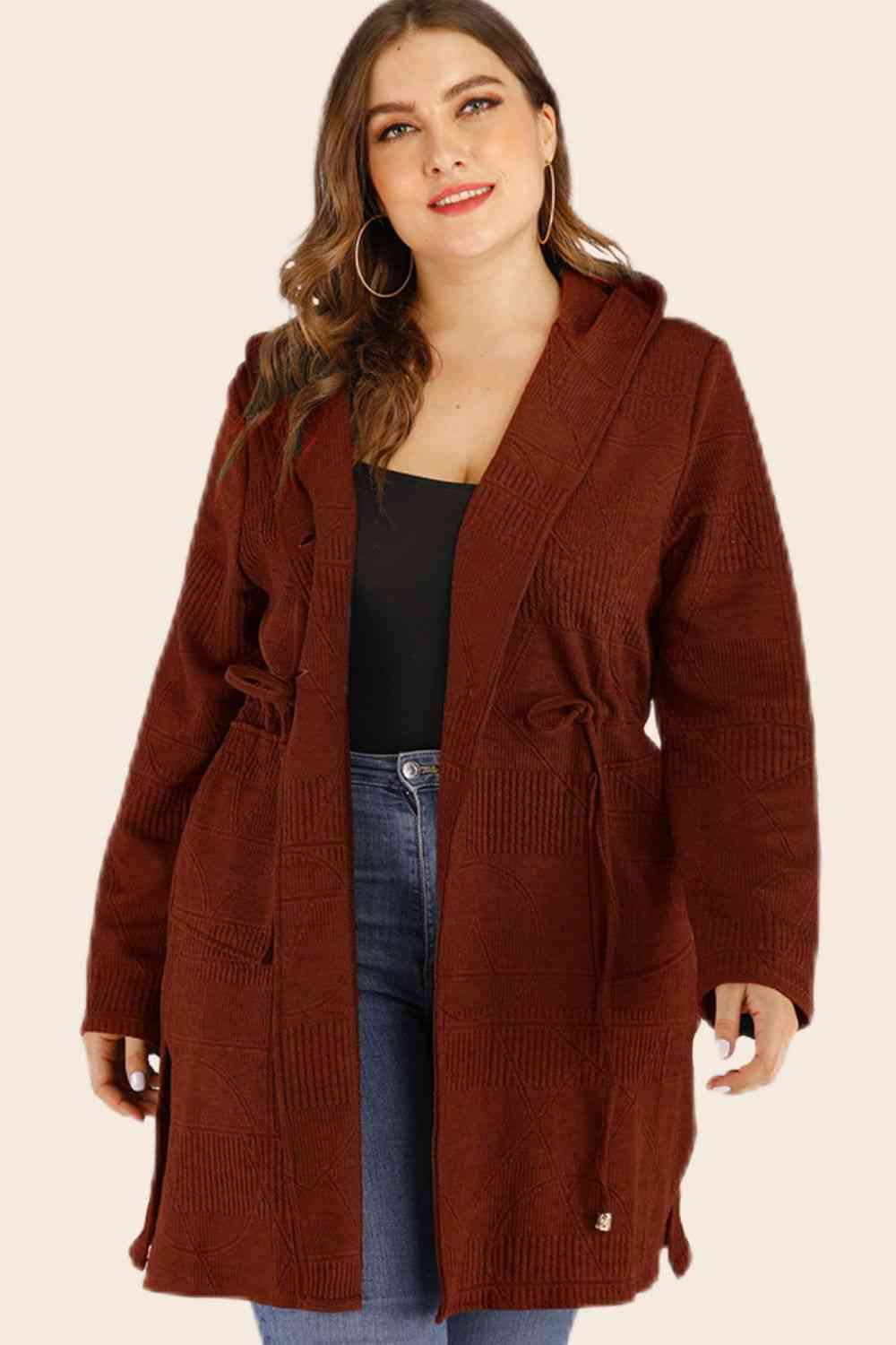 Plus Size Drawstring Waist Hooded Cardigan with Pockets - Deals DejaVu