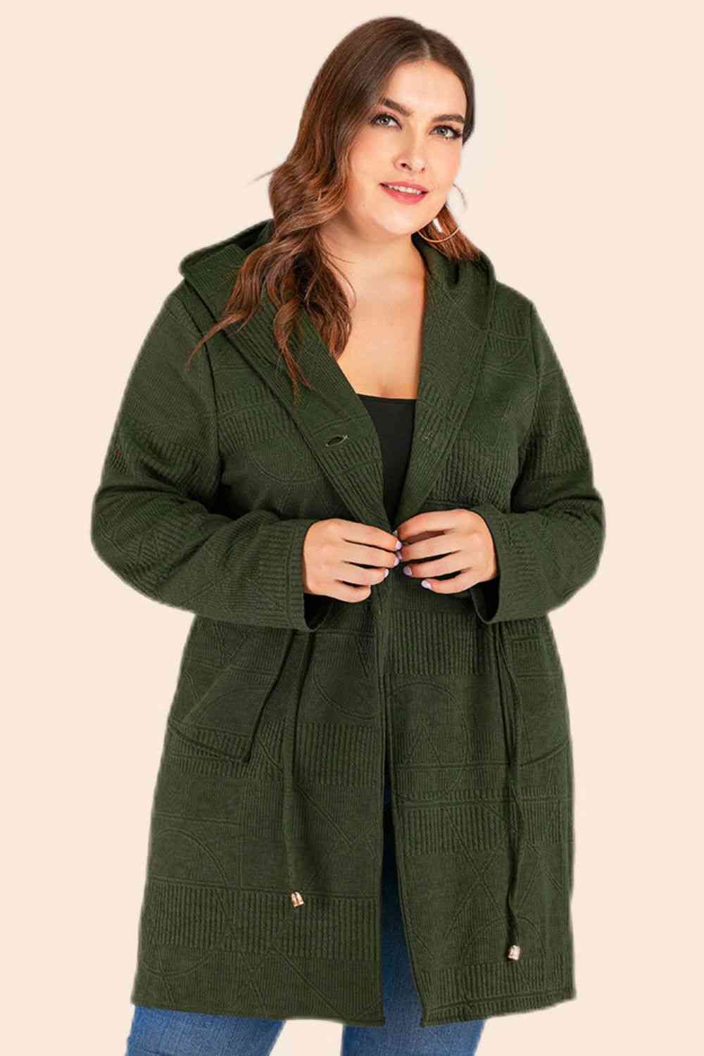 Plus Size Drawstring Waist Hooded Cardigan with Pockets - Deals DejaVu