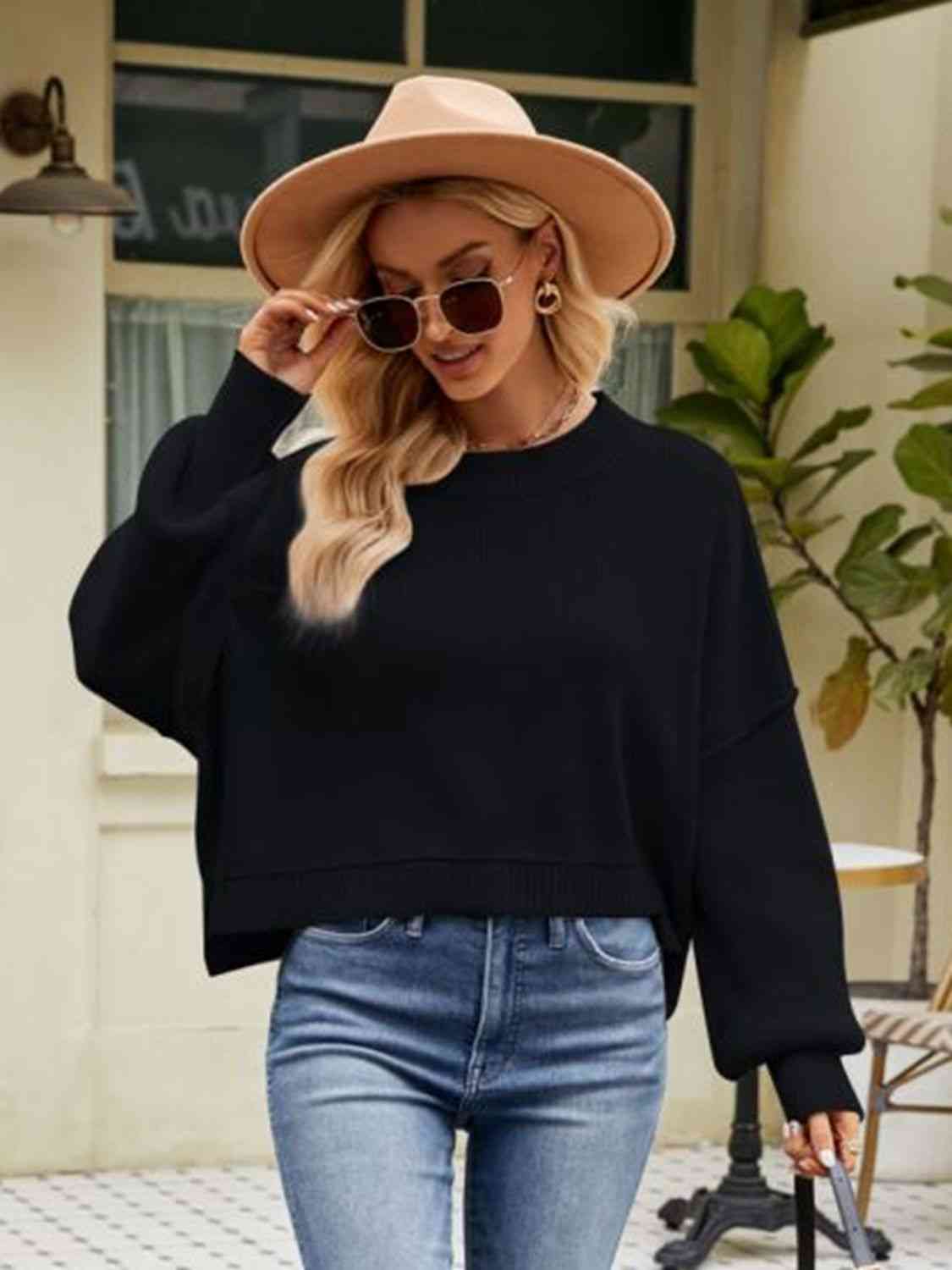 Round Neck Dropped Shoulder Sweater - Deals DejaVu