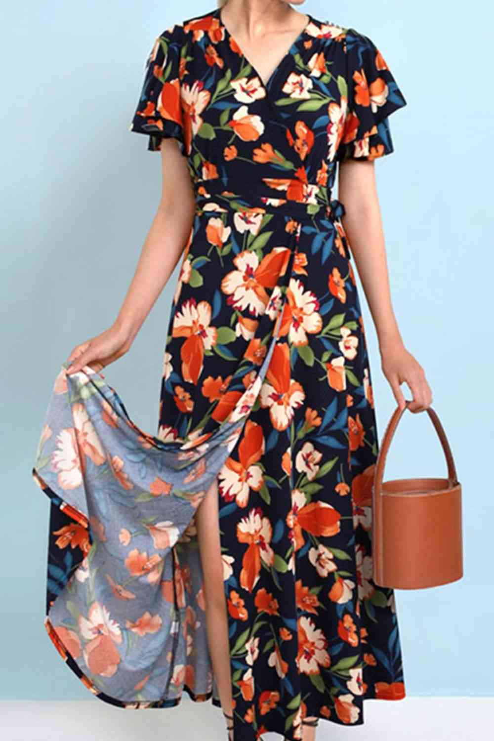 Plus Size Floral Surplice Neck Flutter Sleeve Dress (MWBT) T - Deals DejaVu