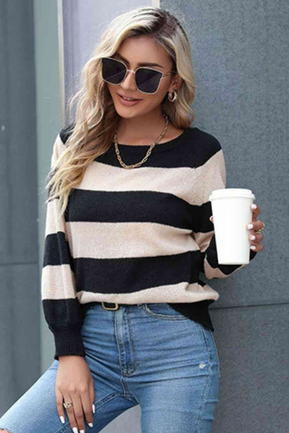 Horizontal Stripe Raglan Sleeve Sweater - Deals DejaVu